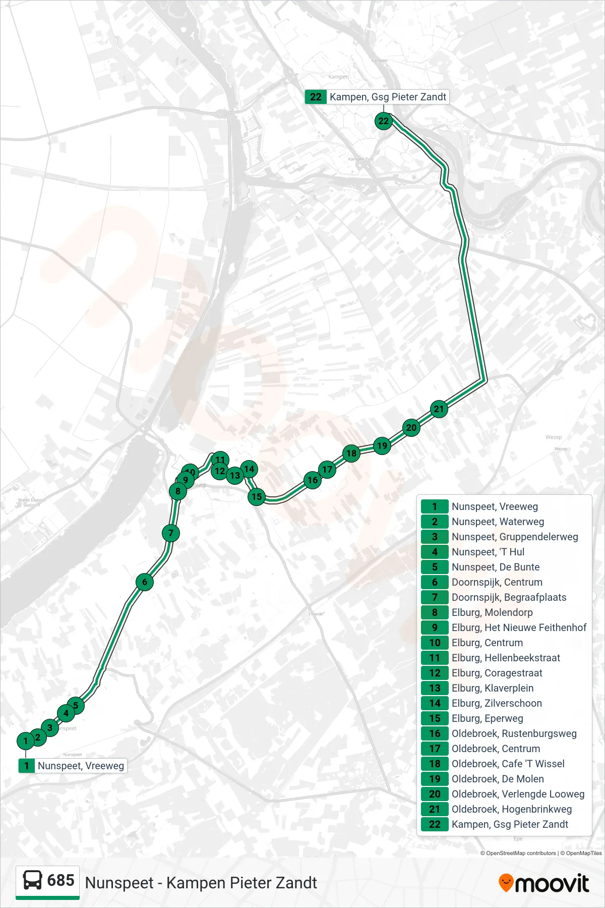 Lijn 685 (bus, Kampen Pieter Zandt): route en haltes op de kaart