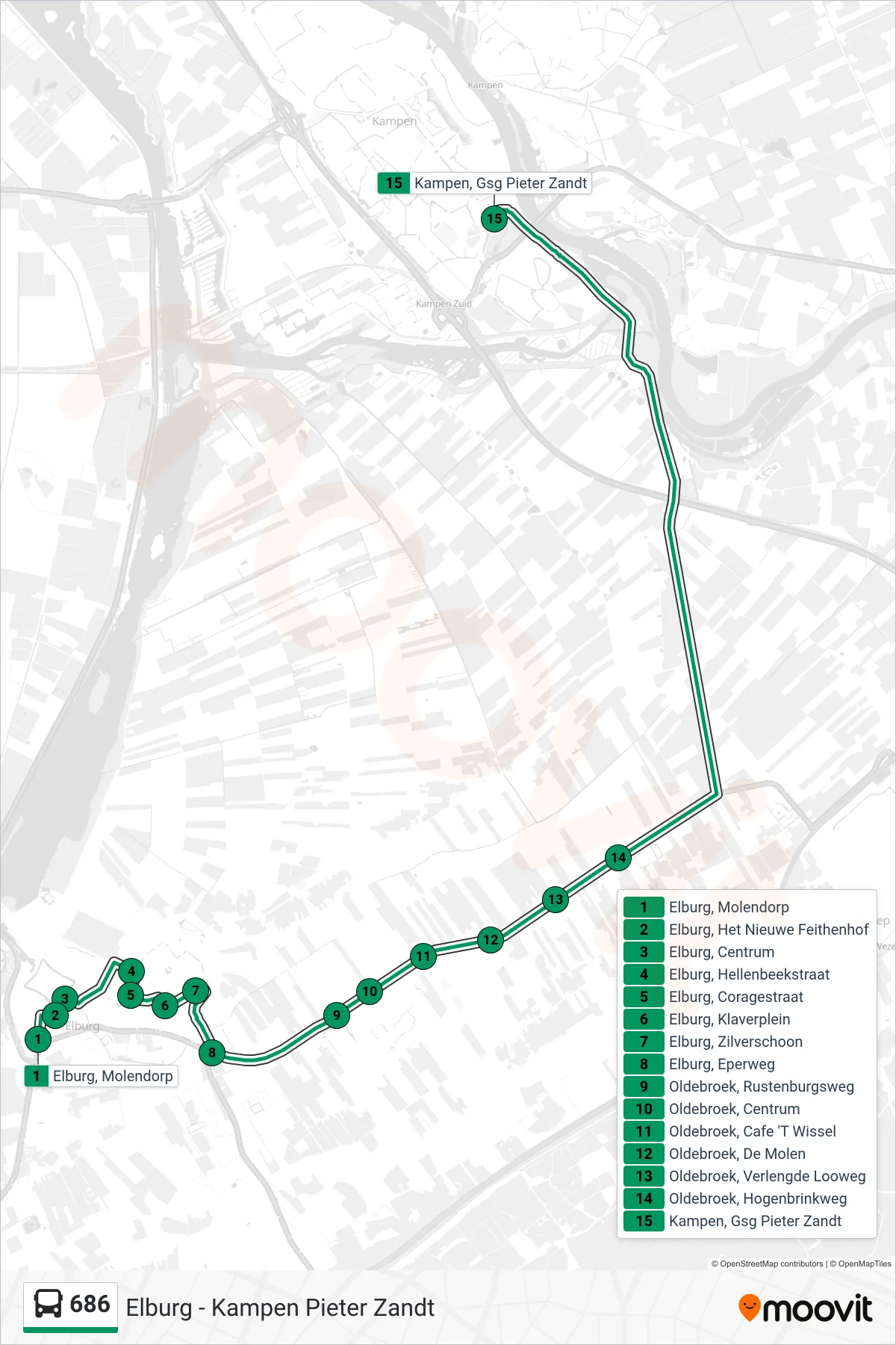Lijn 686 (bus, Kampen Pieter Zandt): route en haltes op de kaart