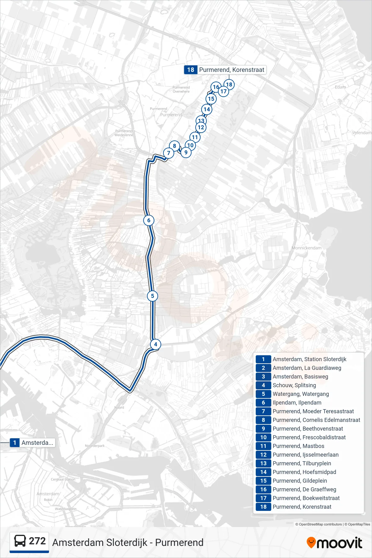 Lijn 272 (bus, Purmerend De Purmer): route en haltes op de kaart