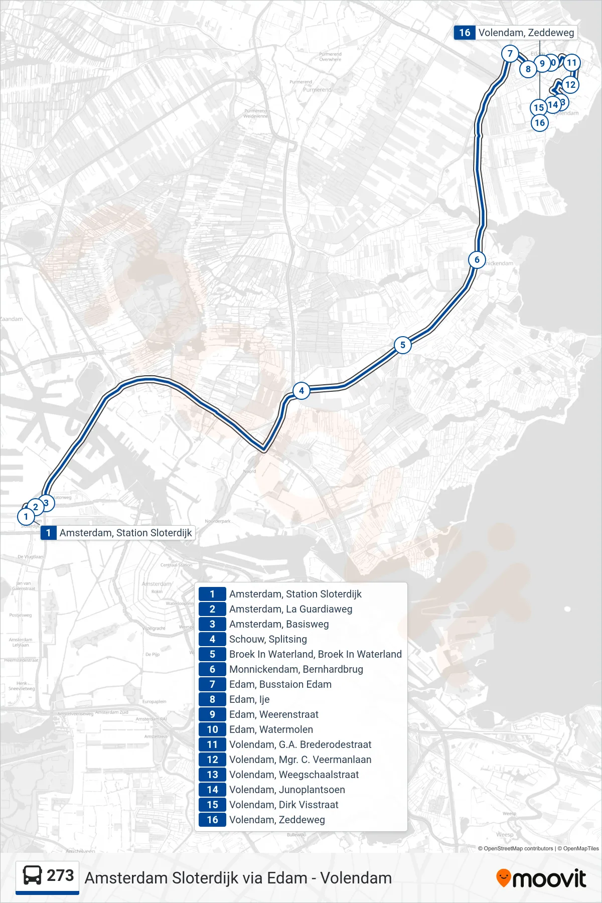 Lijn 273 (bus, Edam-Volendam): route en haltes op de kaart