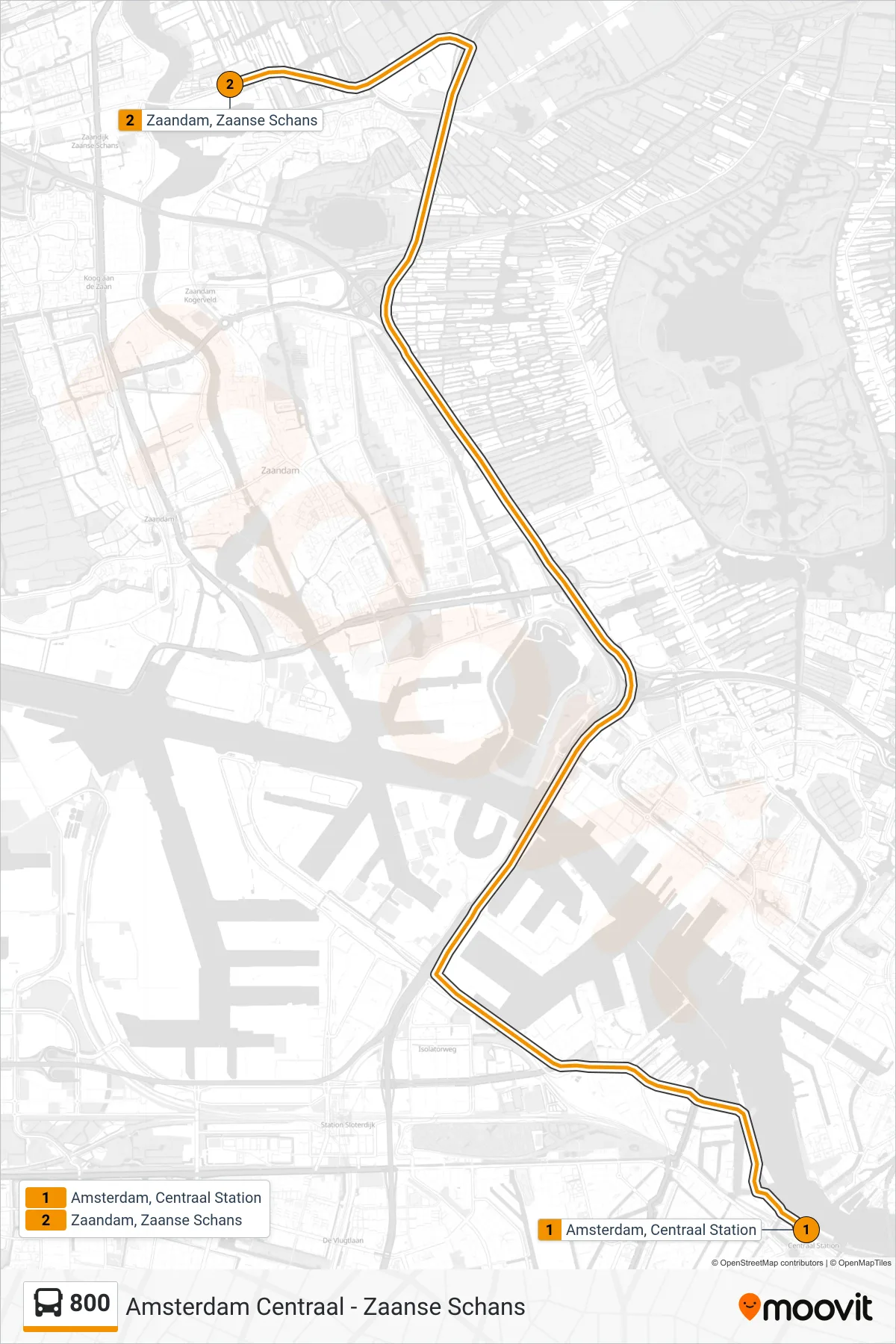 800 bus Line (Zaanse Schans) route and stops on a map