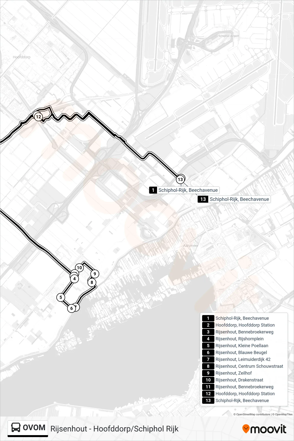 Lijn OVOM (bus, Schiphol-Rijk Beechavenue): route en haltes op de kaart