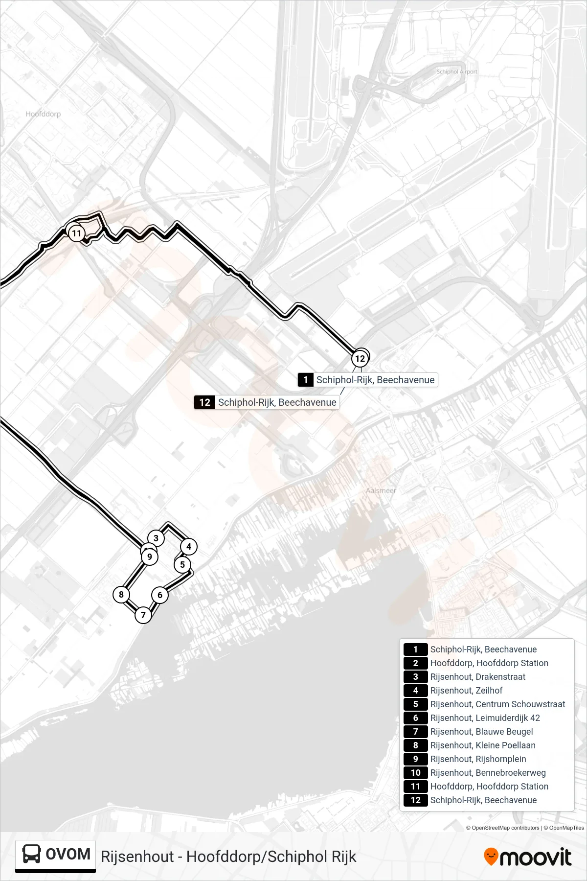 Lijn OVOM (bus, Schiphol-Rijk Beechavenue): route en haltes op de kaart