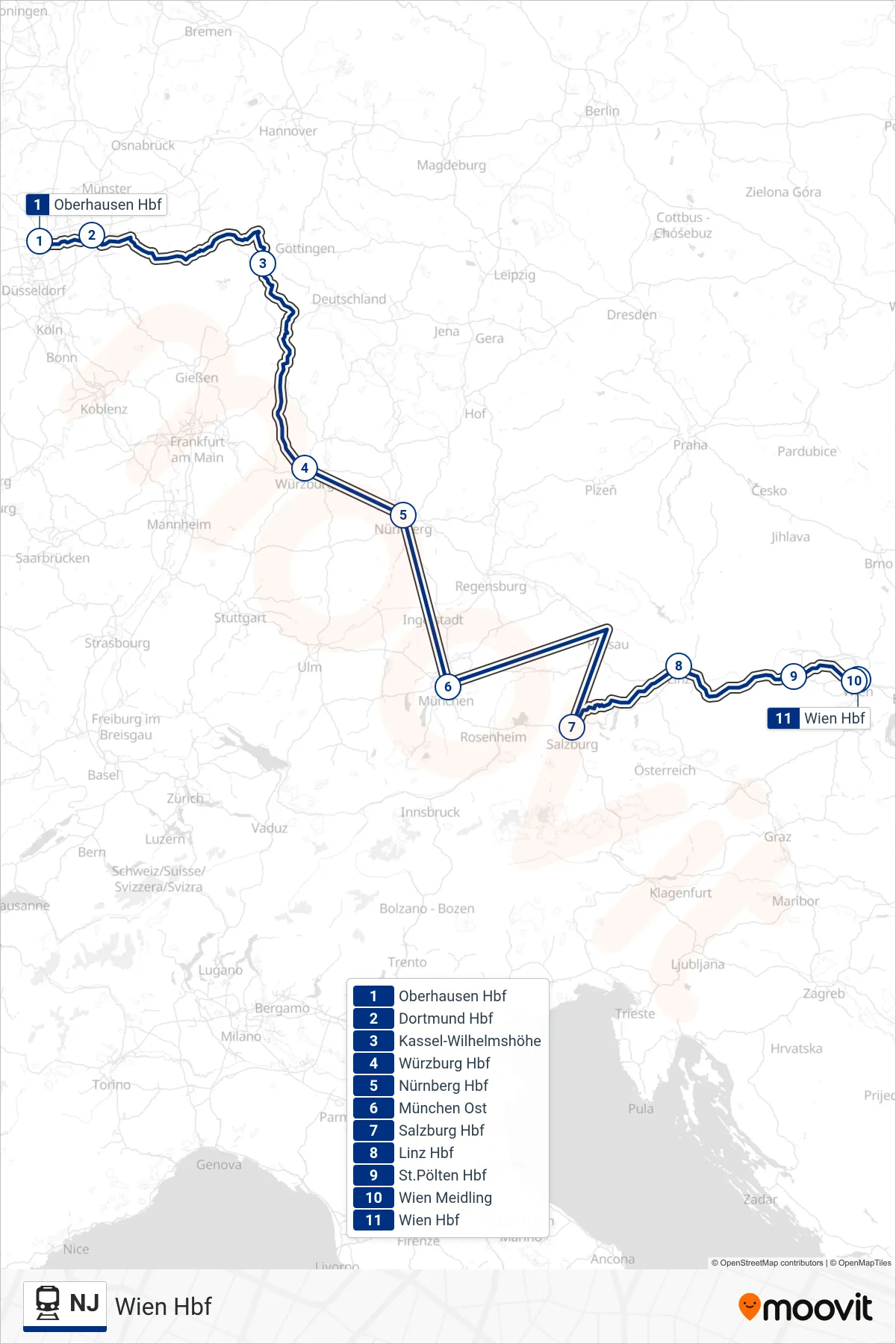 Lijn NJ (trein, Wien Hbf): route en haltes op de kaart