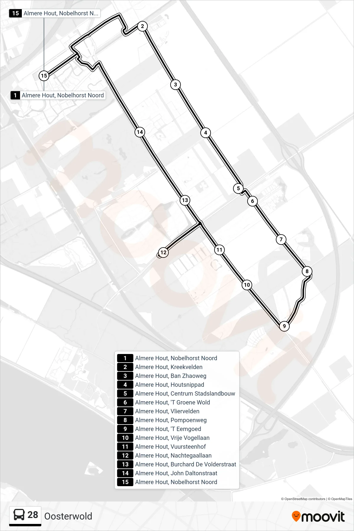 28 bus Line (Oosterwold) route and stops on a map