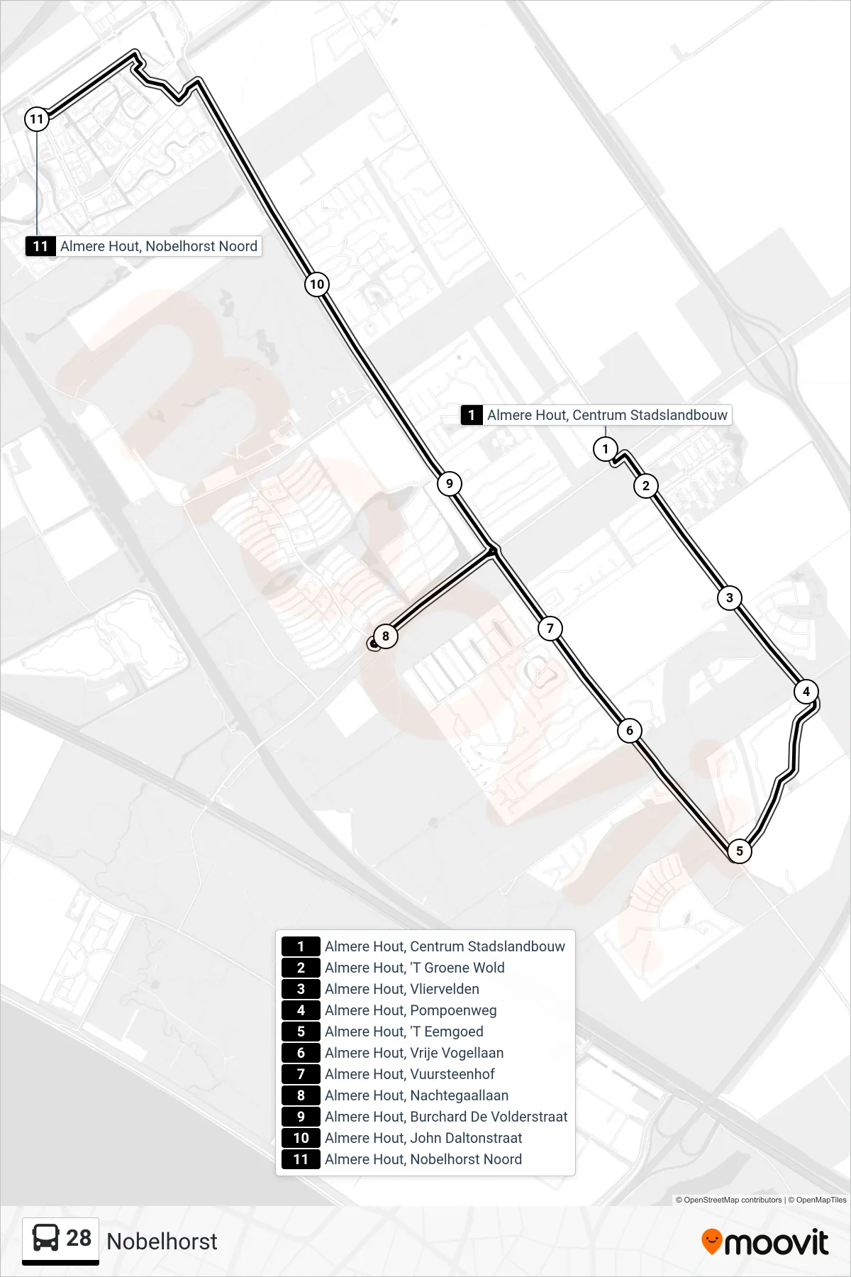 Lijn 28 (bus, Nobelhorst): route en haltes op de kaart