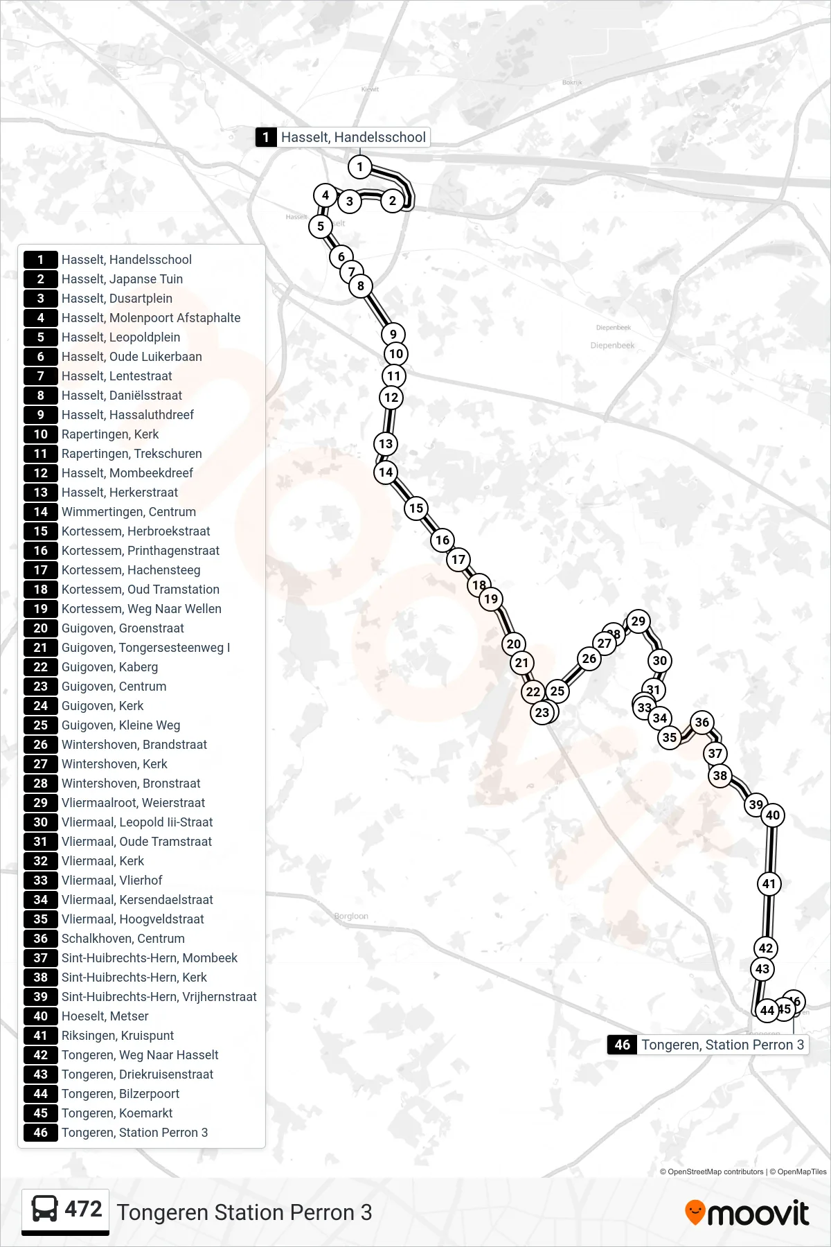 Lijn 472 (bus, Tongeren Station Perron 3): route en haltes op de kaart