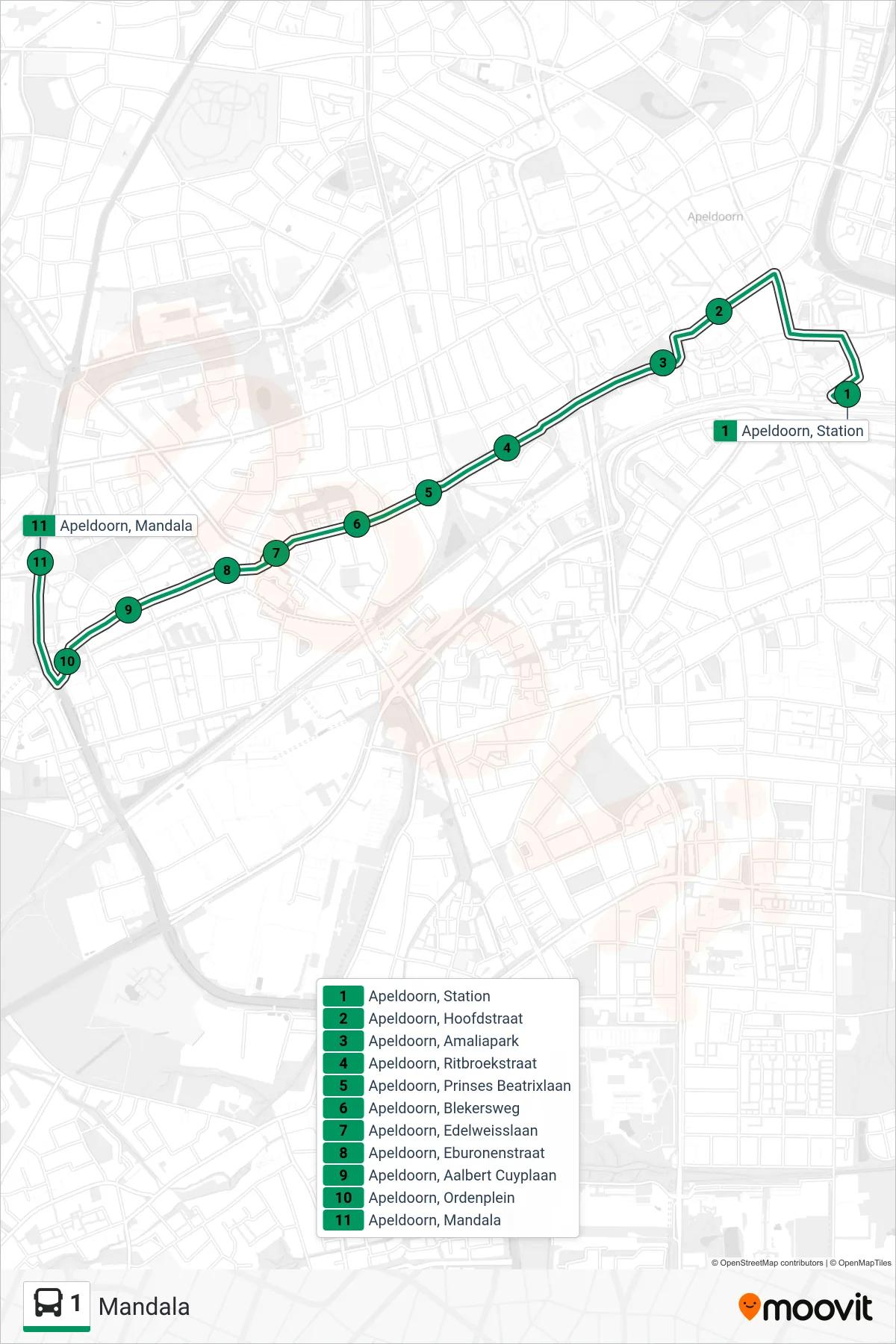 Lijn 1 (bus, Mandala): route en haltes op de kaart