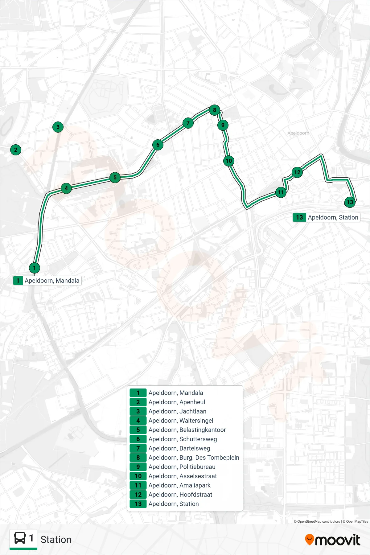 Lijn 1 (bus, Station): route en haltes op de kaart