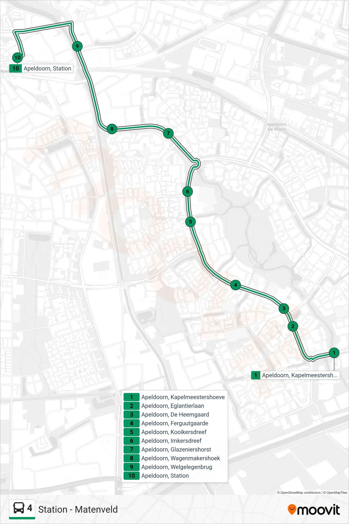 4 bus Line (Station) route and stops on a map