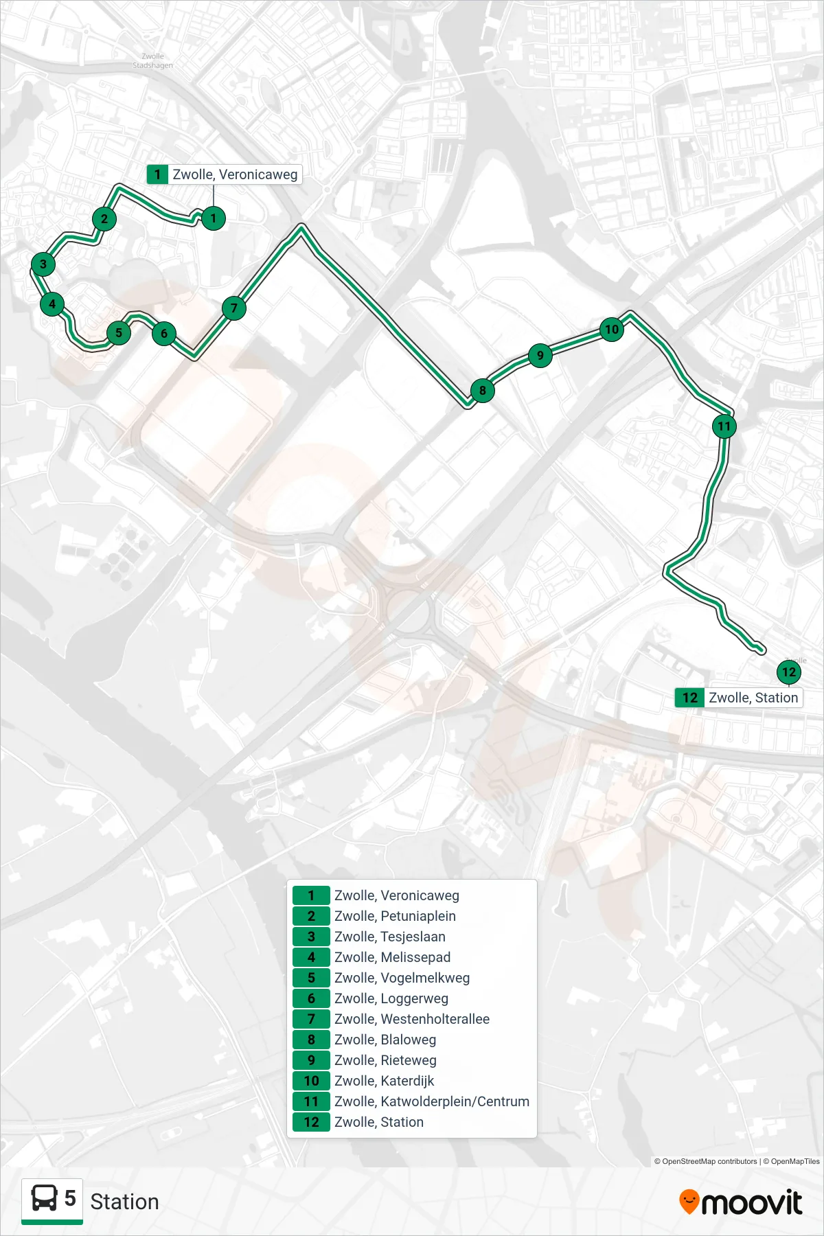 Lijn 5 (bus, Station): route en haltes op de kaart