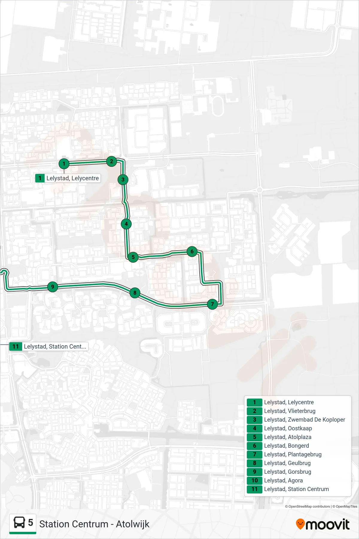 Lijn 5 (bus, Atolwijk): route en haltes op de kaart