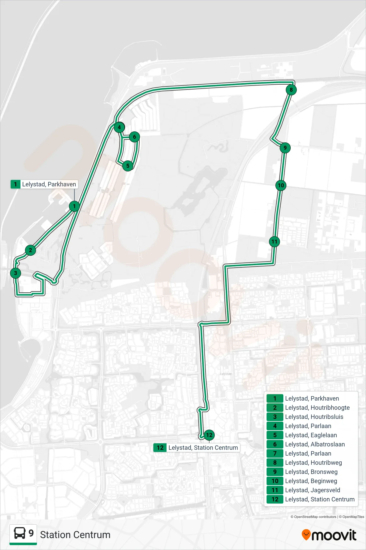 Lijn 9 (bus, Station Centrum): route en haltes op de kaart