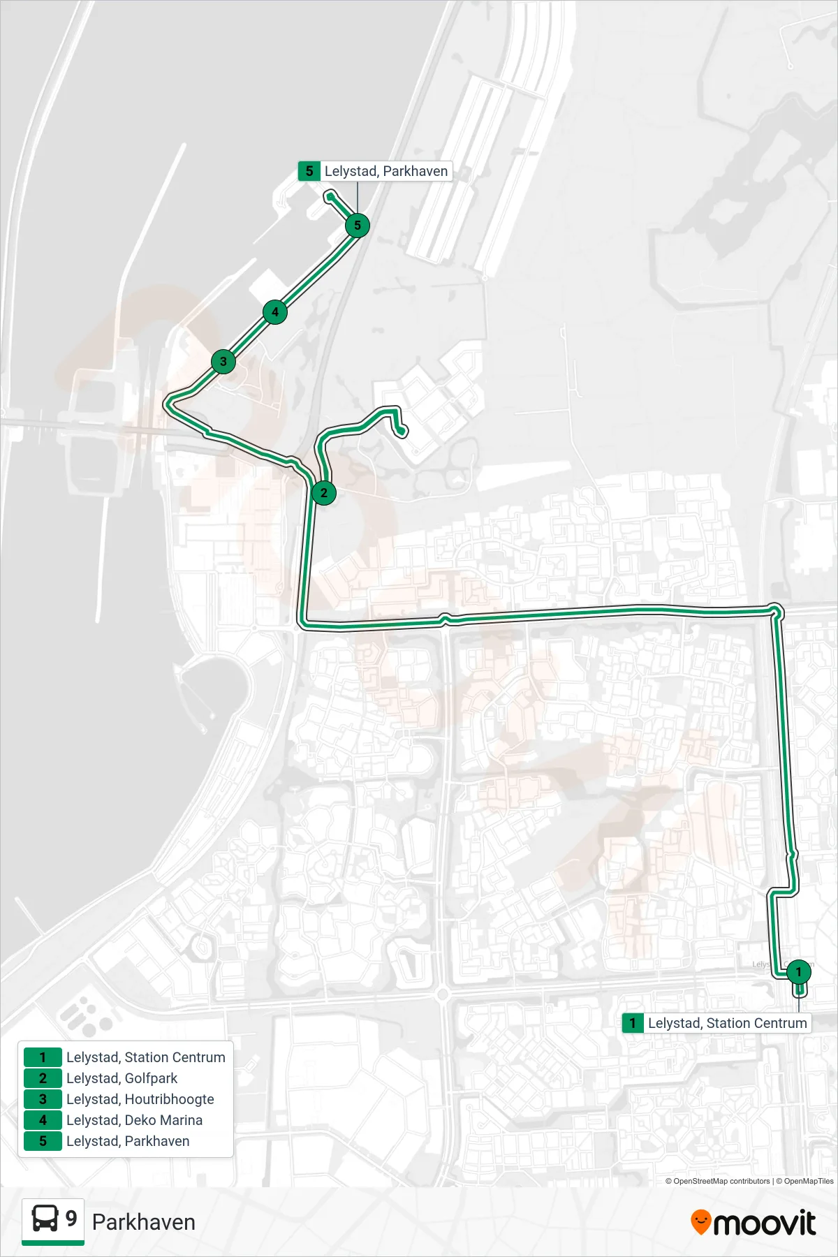 9 bus Line (Parkhaven) route and stops on a map