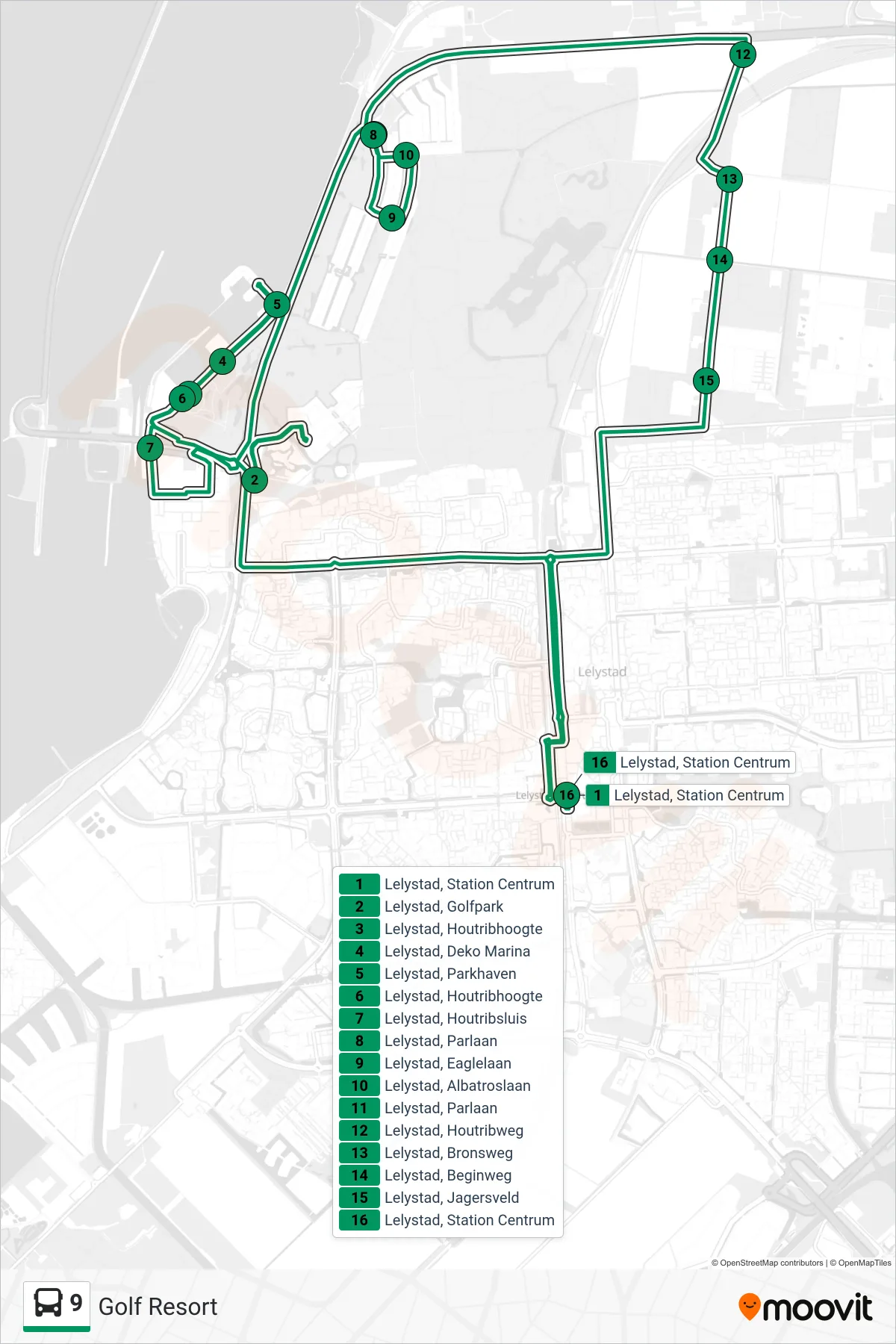 9 bus Line (Golf Resort) route and stops on a map