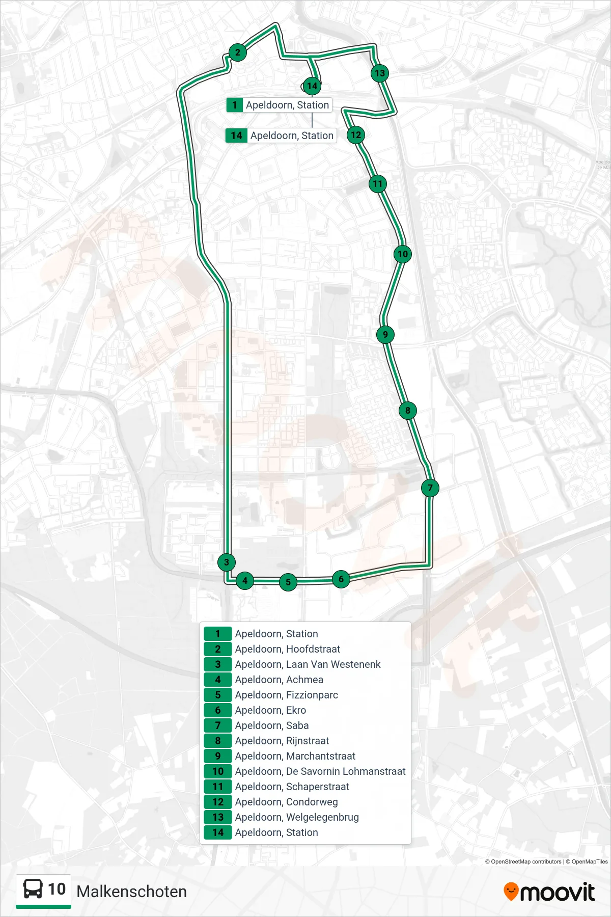 Lijn 10 (bus, Malkenschoten): route en haltes op de kaart