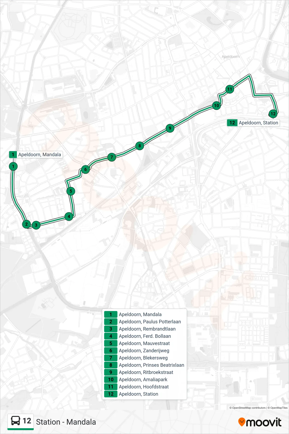 12 bus Line (Station) route and stops on a map