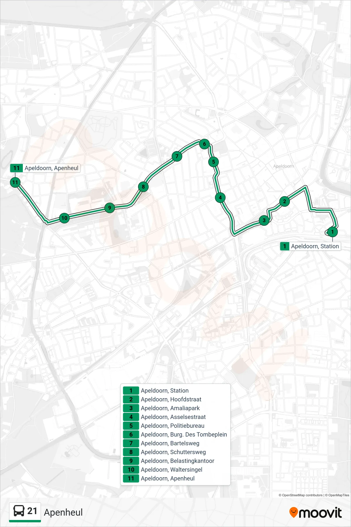 Lijn 21 (bus, Apenheul): route en haltes op de kaart