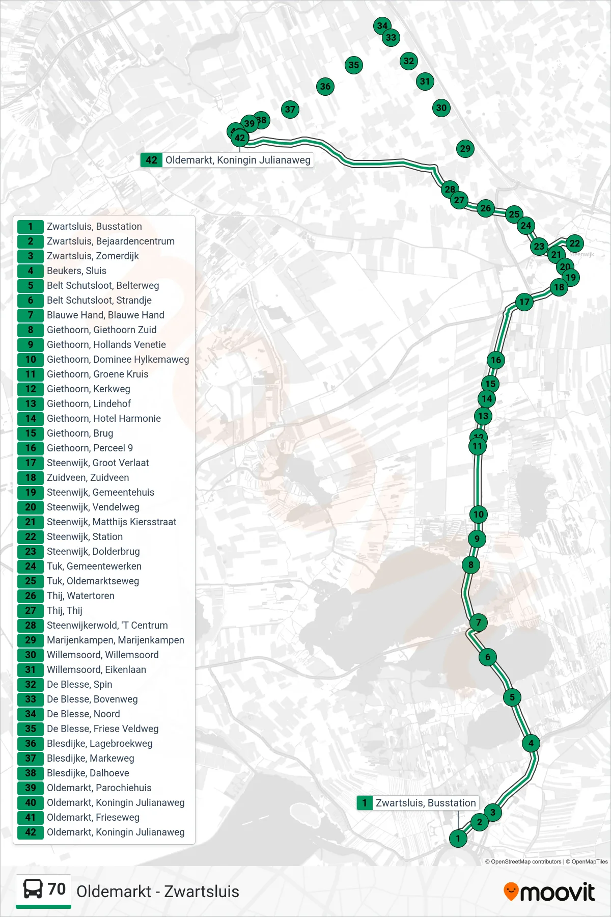 Lijn 70 (bus, Oldemarkt): route en haltes op de kaart