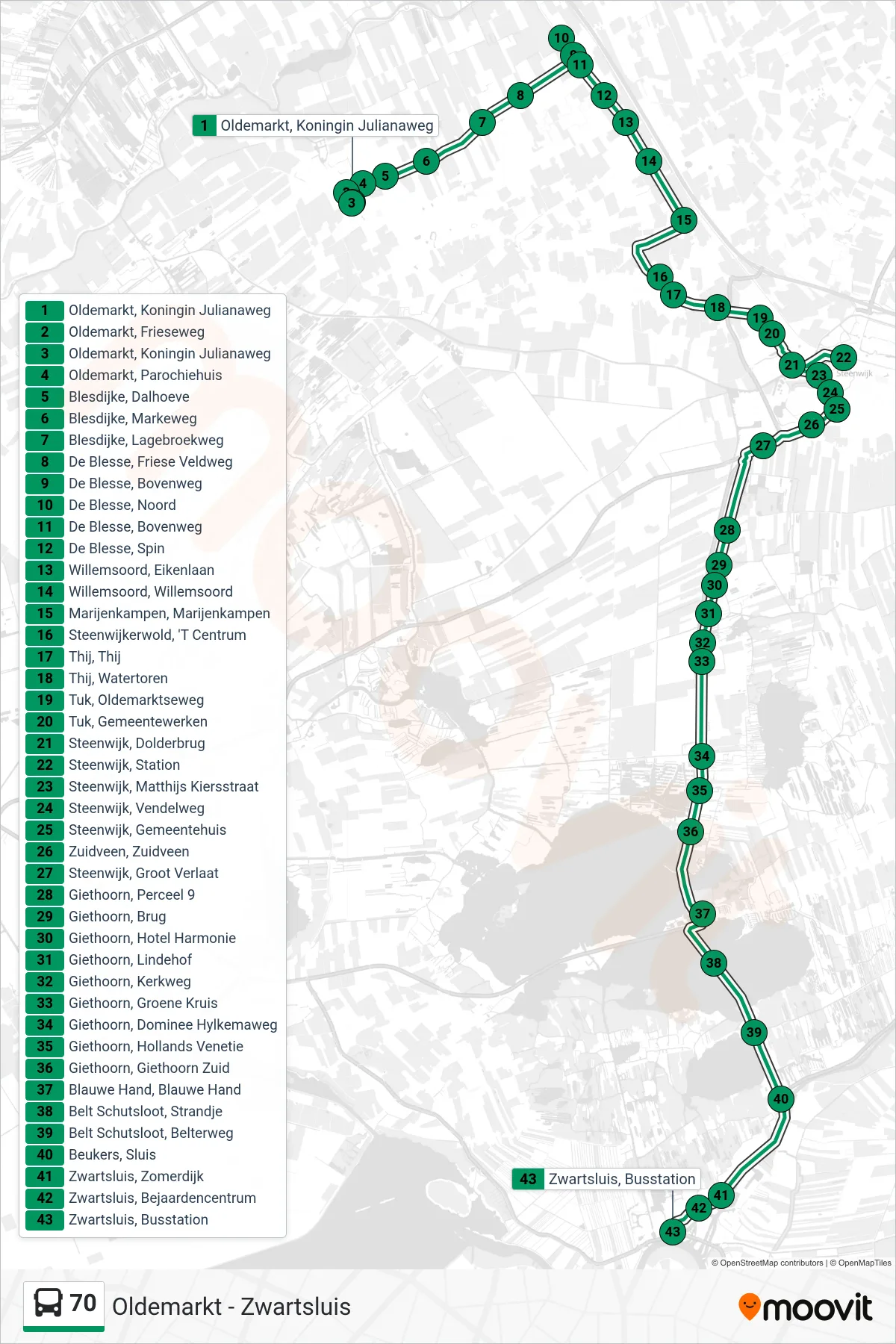 Lijn 70 (bus, Zwartsluis): route en haltes op de kaart