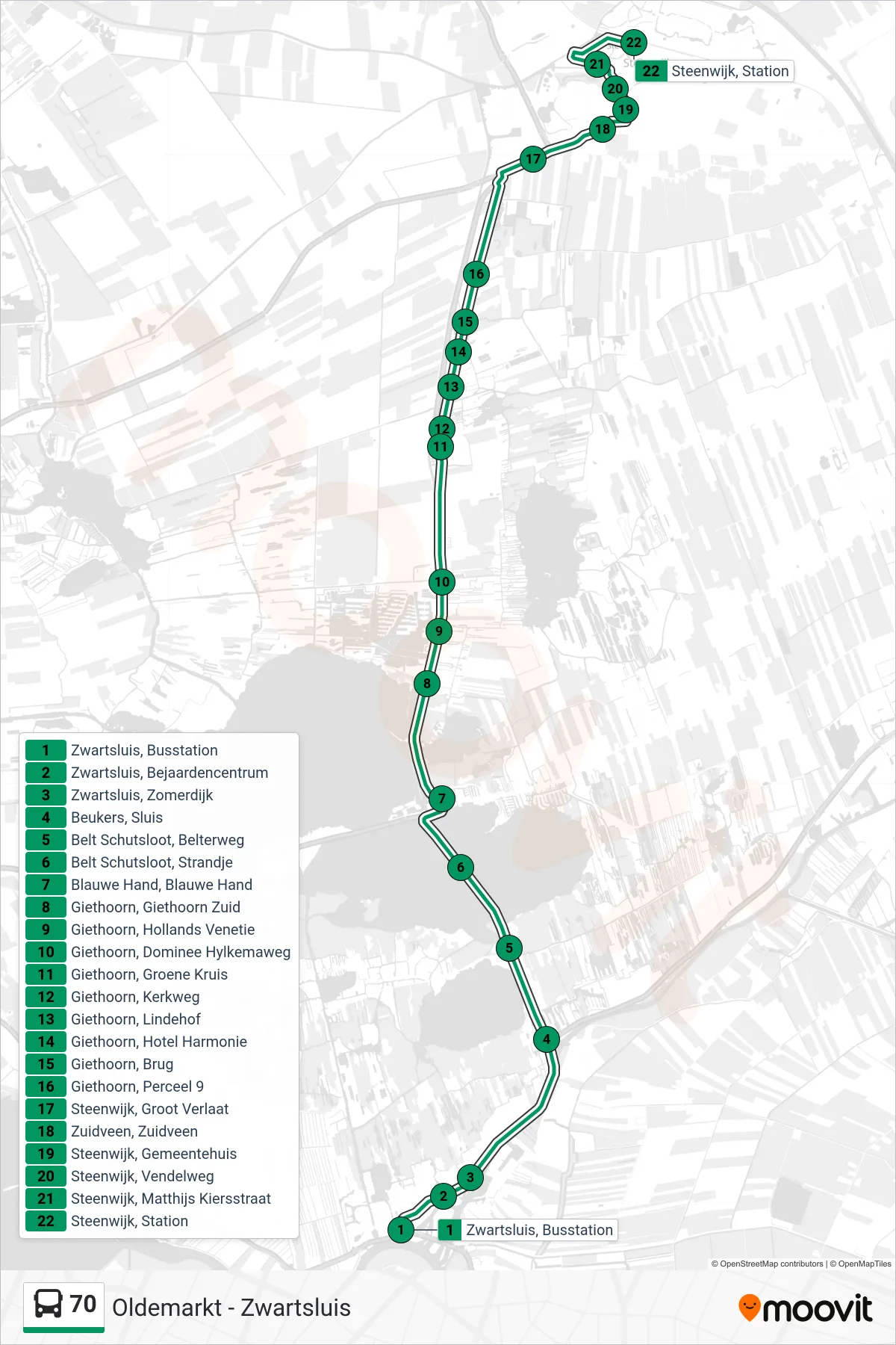 70 bus Line (Steenwijk) route and stops on a map