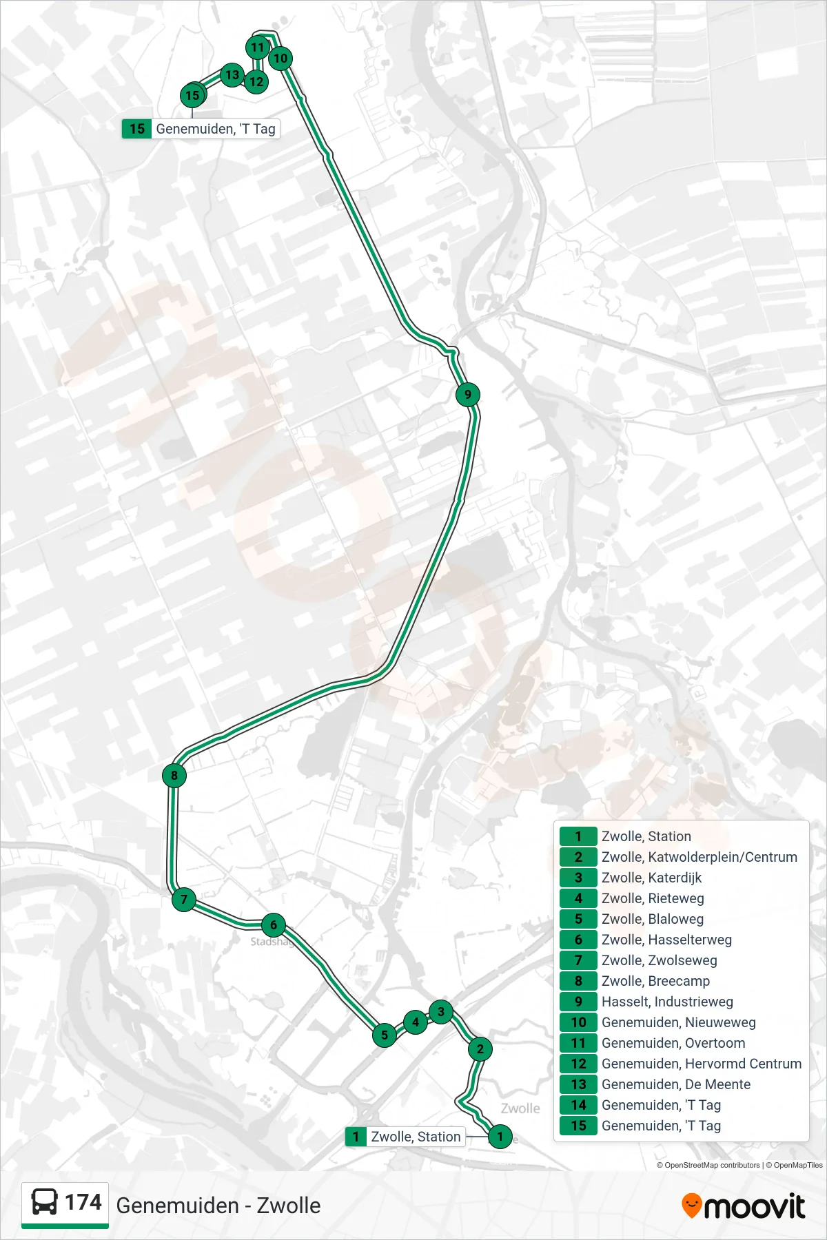Lijn 174 (bus, Genemuiden): route en haltes op de kaart
