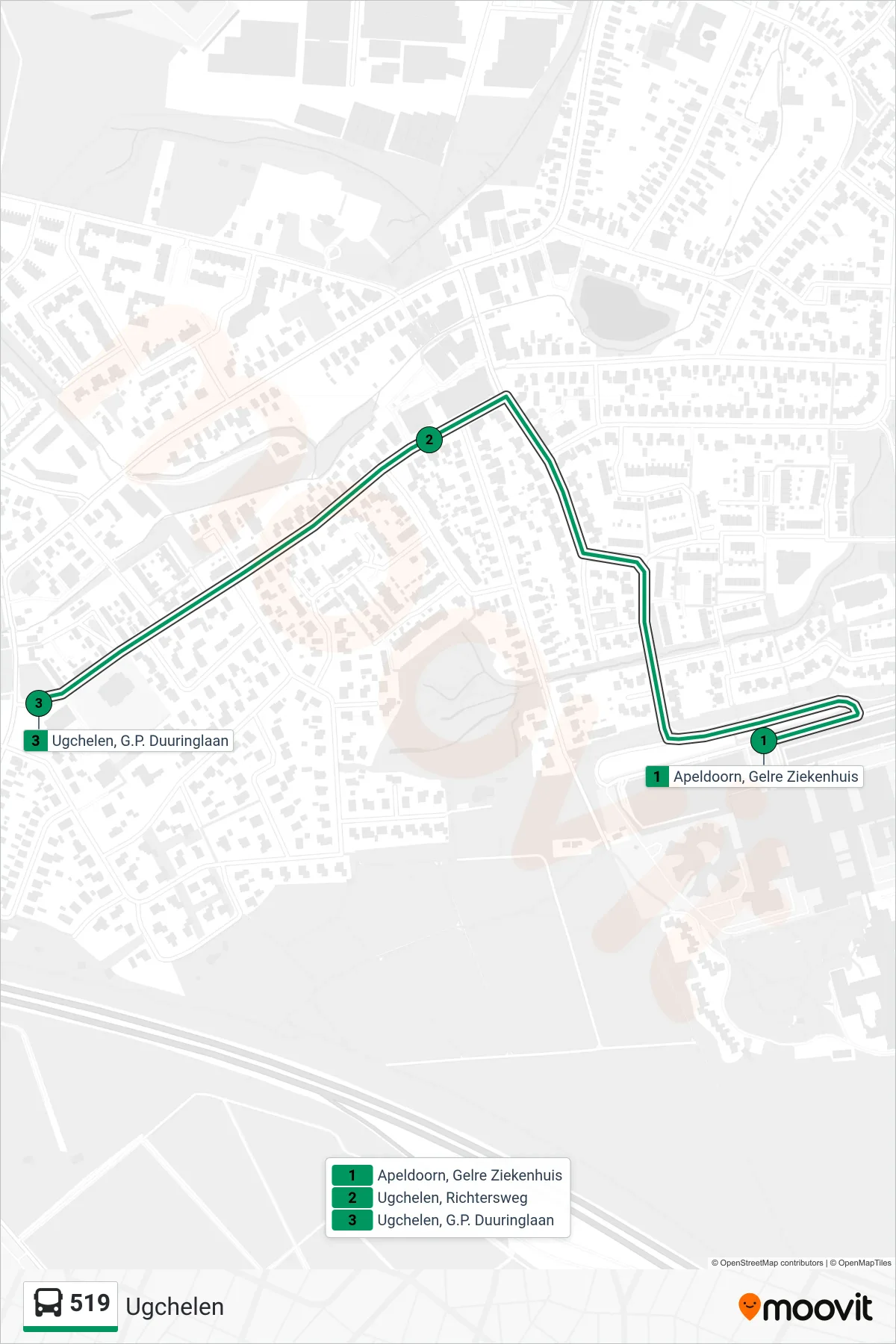 519 bus Line (Ugchelen) route and stops on a map