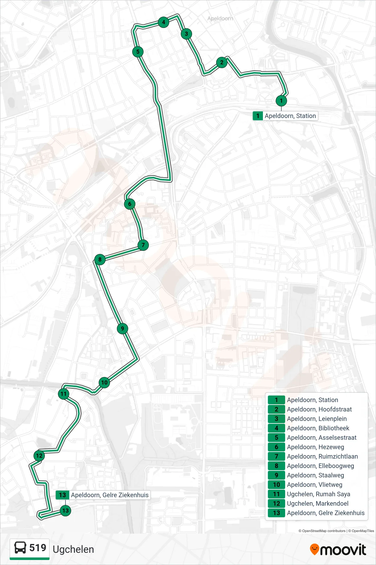 Lijn 519 (bus, Ugchelen): route en haltes op de kaart