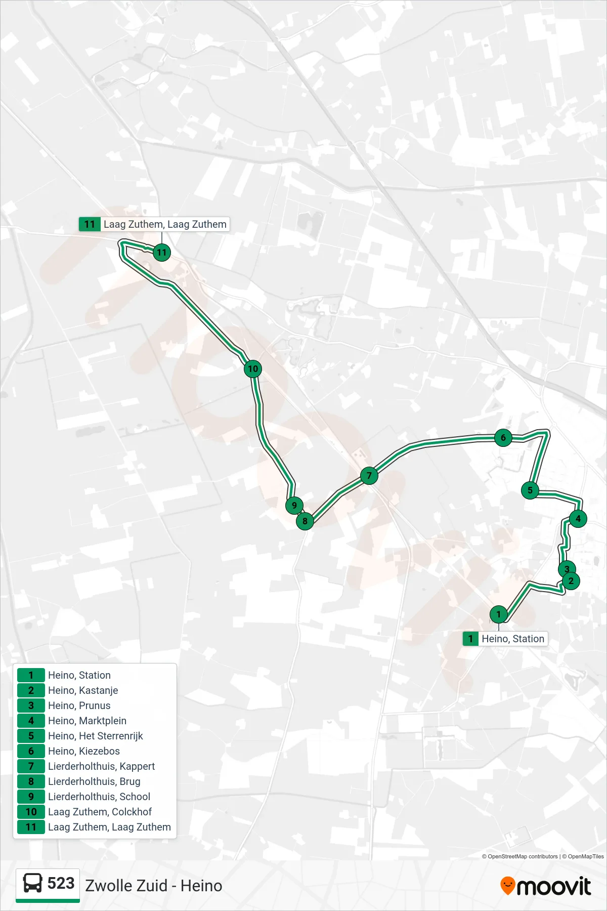523 bus Line (Laag Zuthem) route and stops on a map