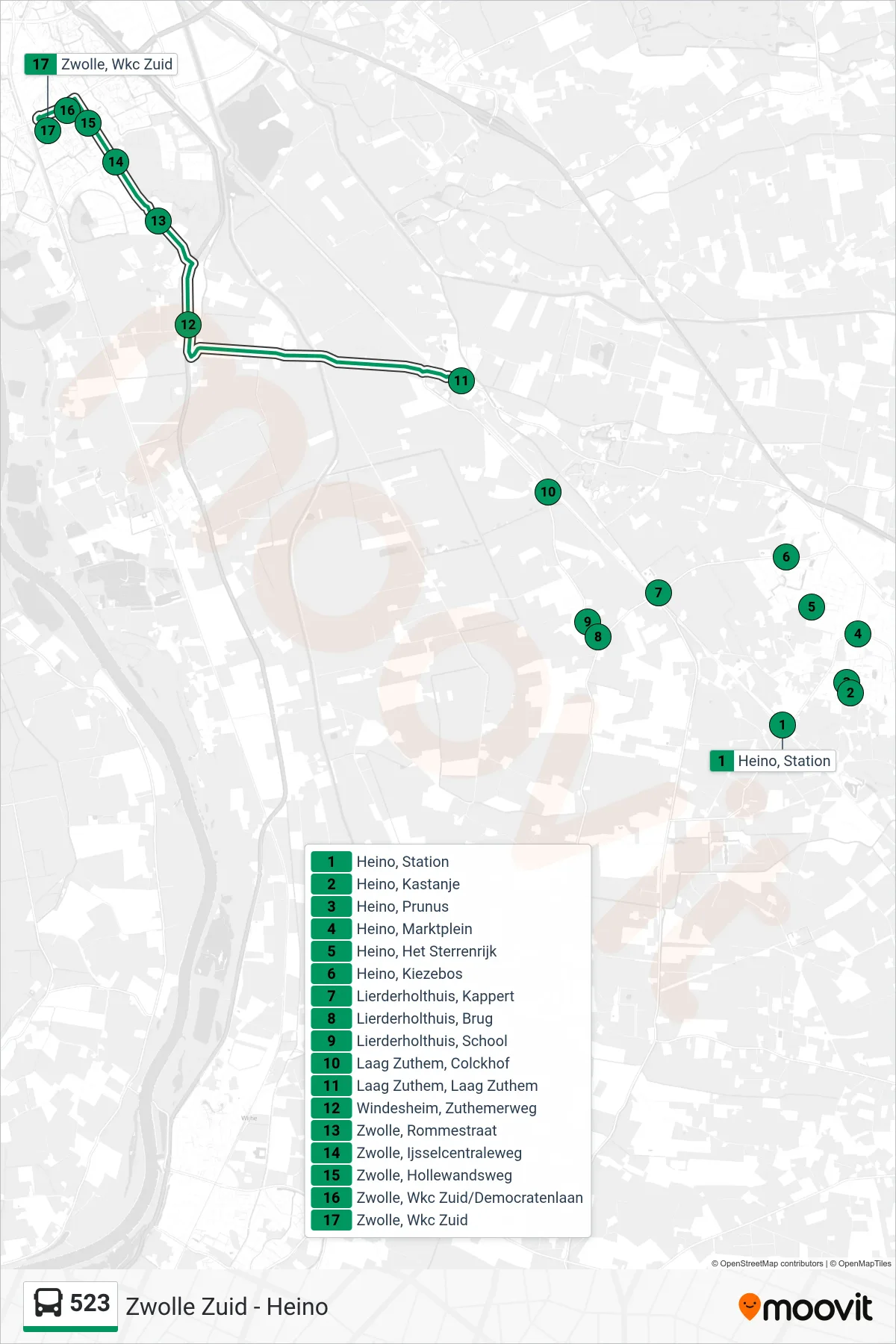 Lijn 523 (bus, Zwolle Zuid): route en haltes op de kaart