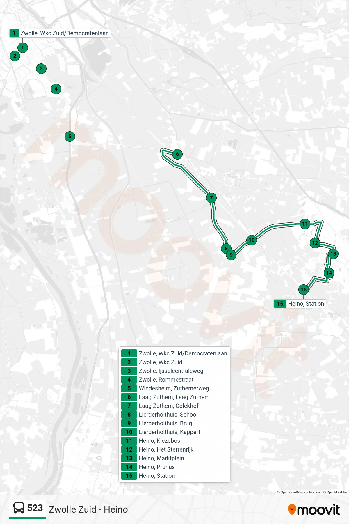 523 bus Line (Heino) route and stops on a map