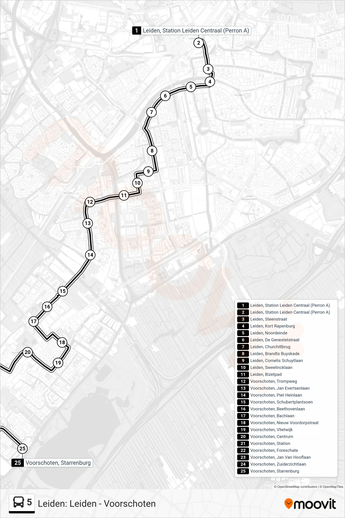 5 bus Line (Voorschoten) route and stops on a map