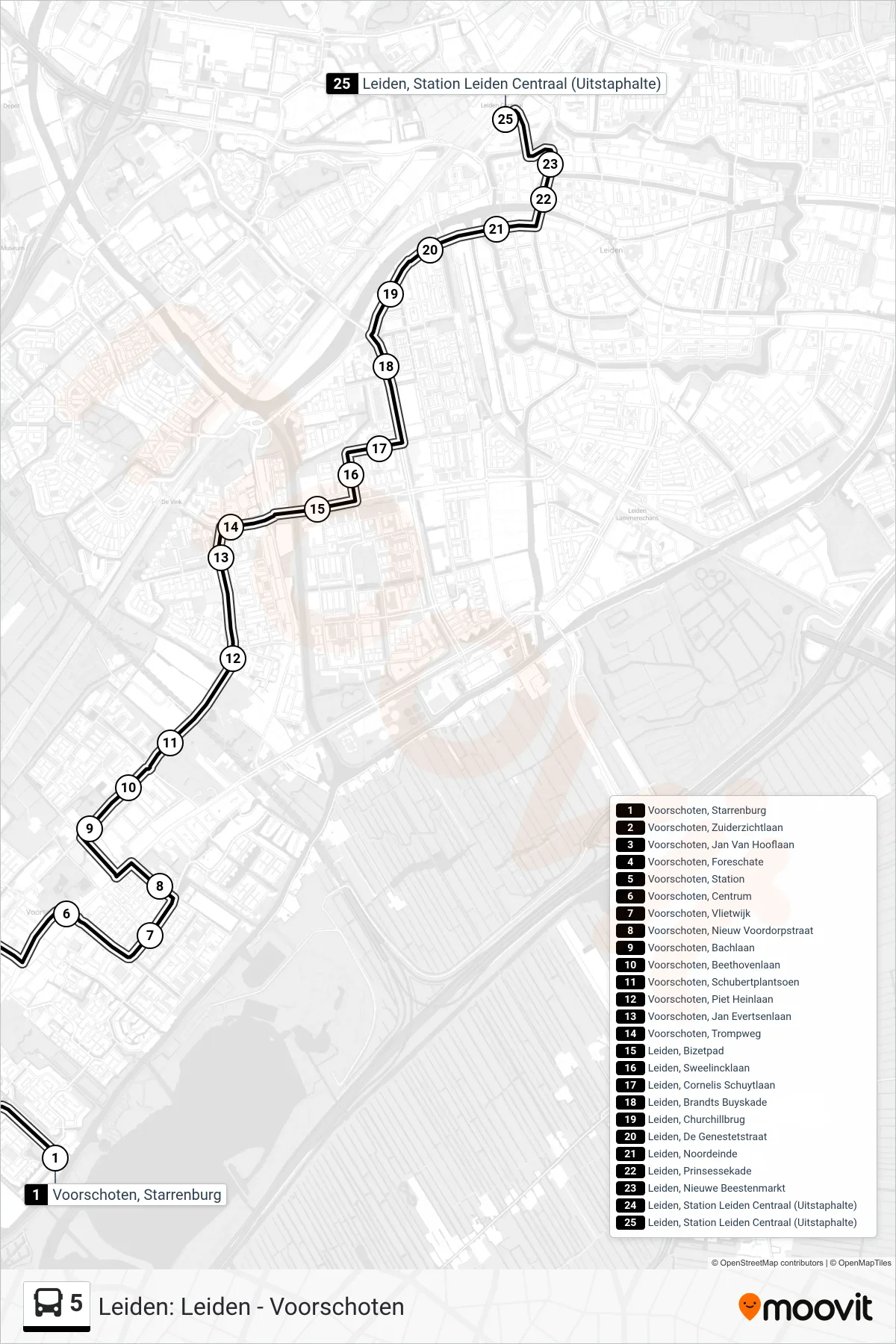 Lijn 5 (bus, Leiden Cs): route en haltes op de kaart