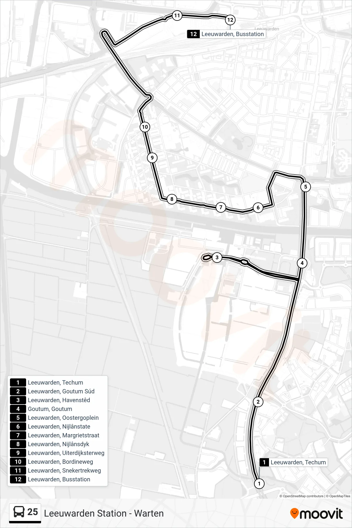 25 bus Line (Busstation) route and stops on a map