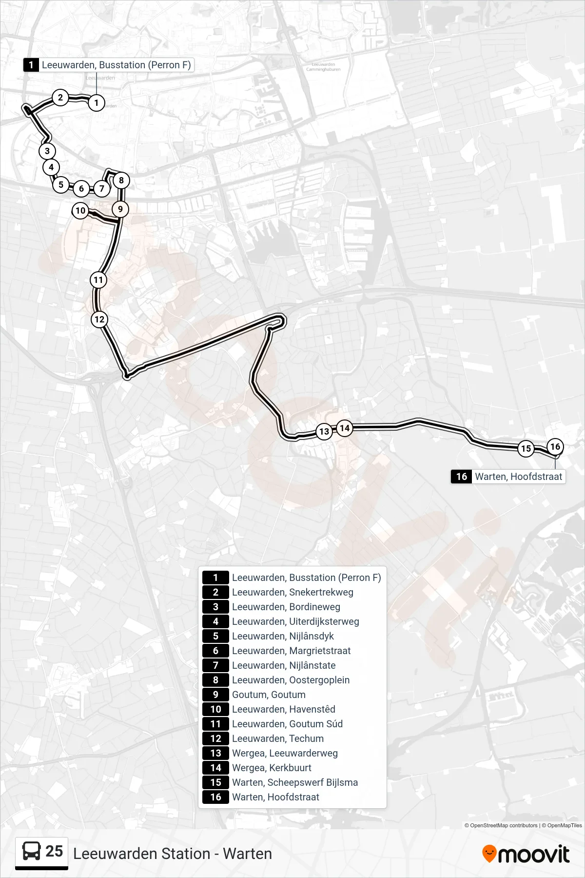 Lijn 25 (bus, Warten): route en haltes op de kaart