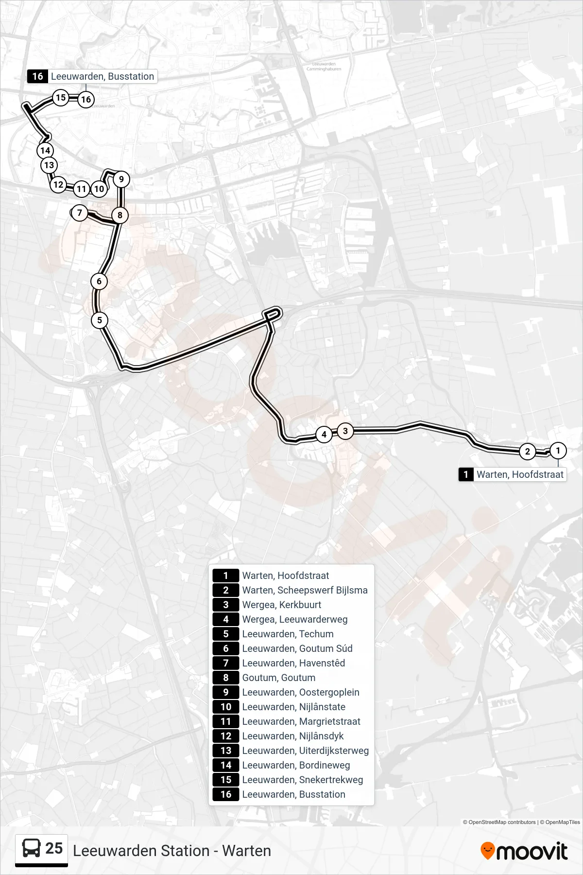 25 bus Line (Leeuwarden) route and stops on a map