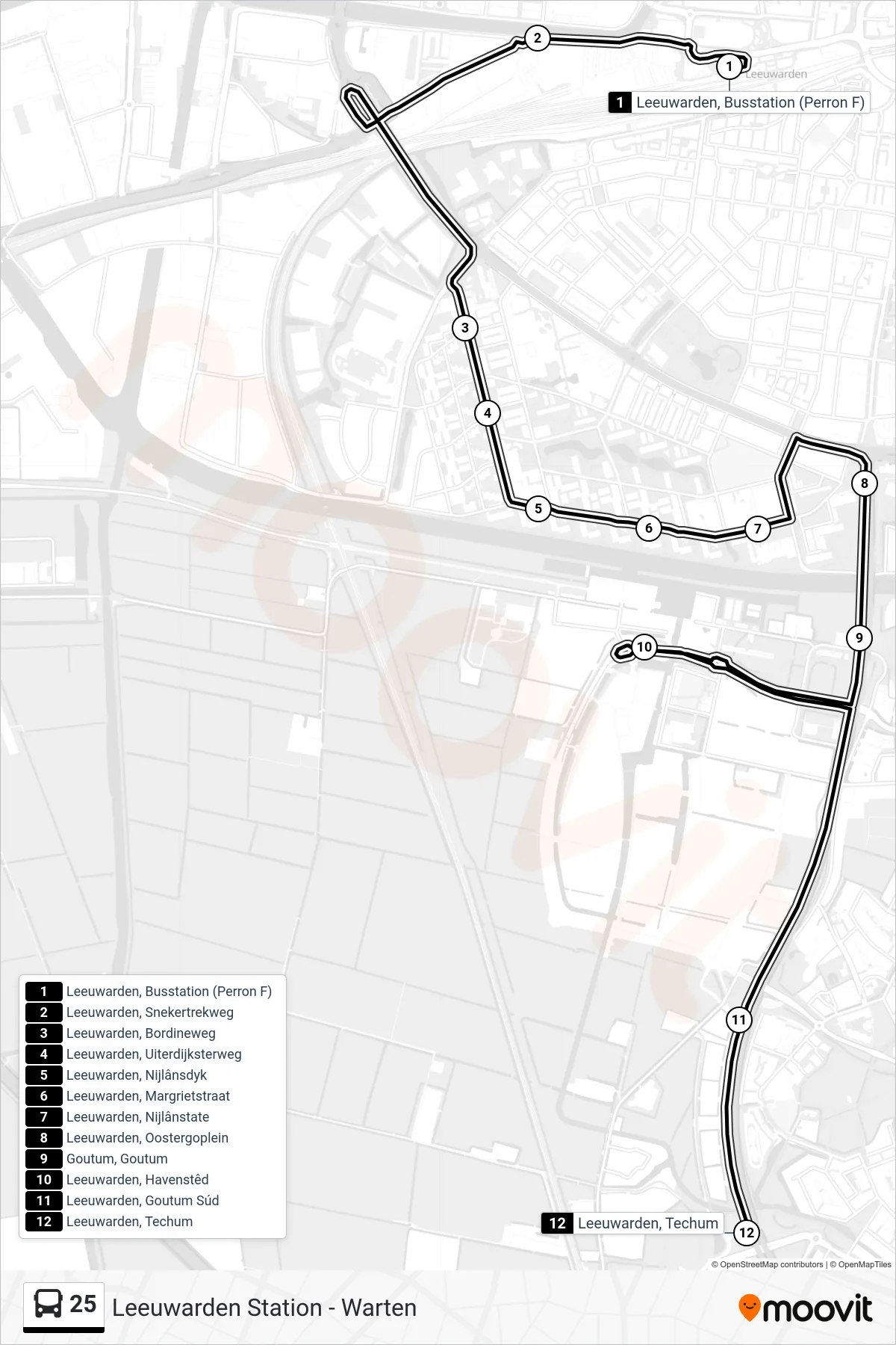 25 bus Line (Techum) route and stops on a map