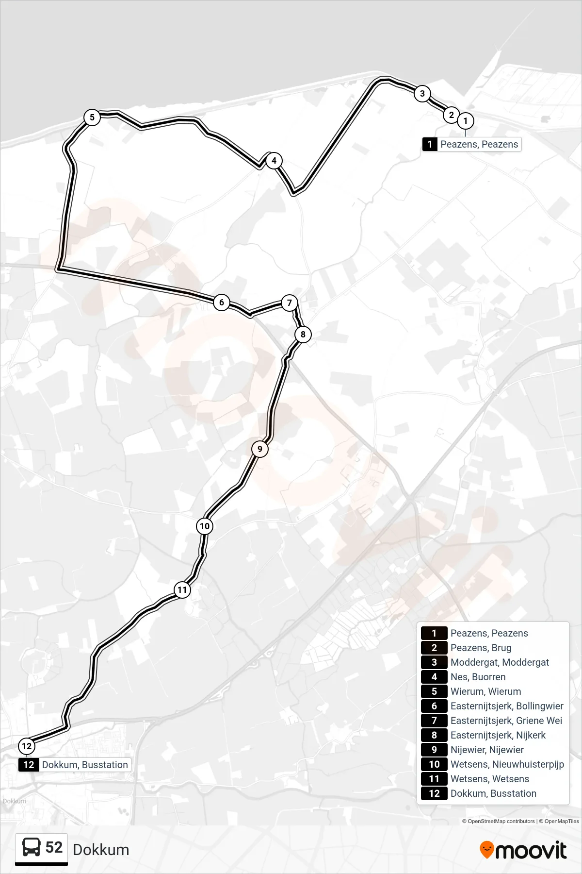 Lijn 52 (bus, Dokkum): route en haltes op de kaart