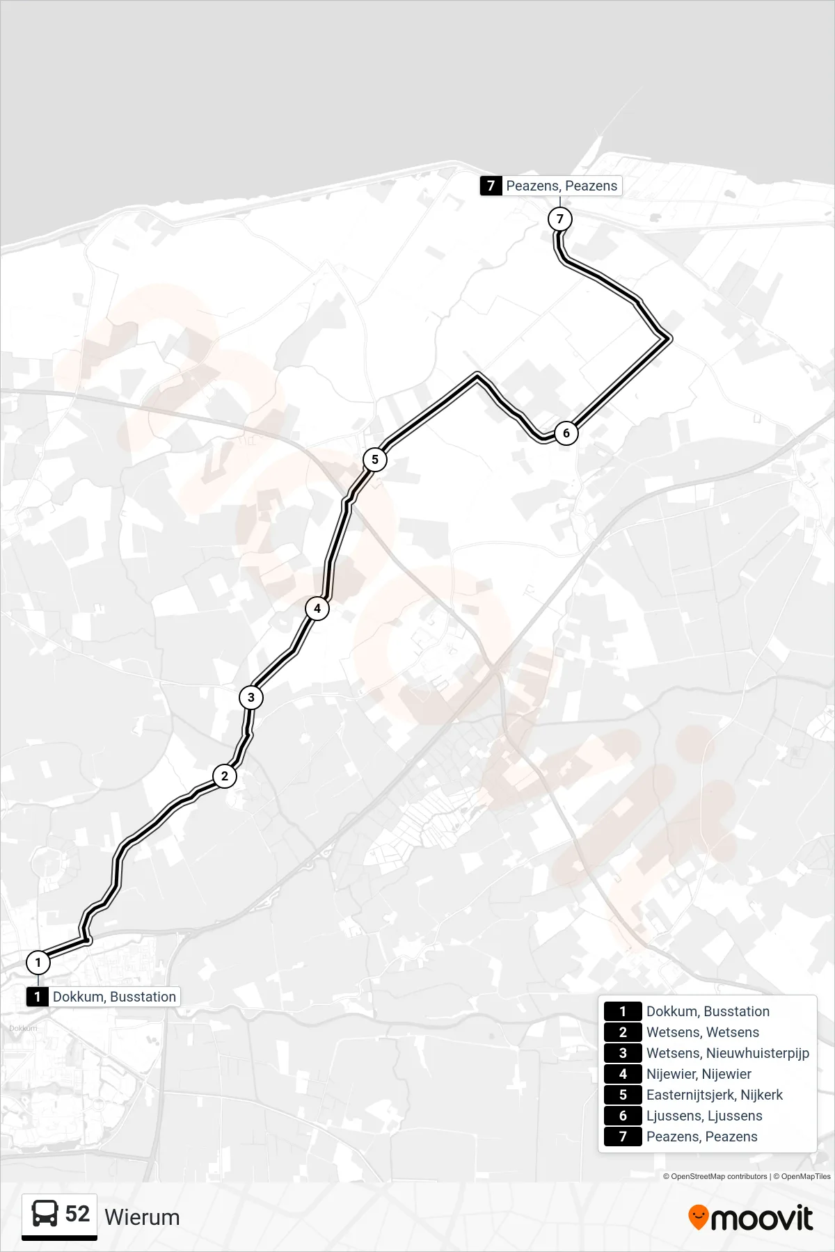 Lijn 52 (bus, Wierum): route en haltes op de kaart