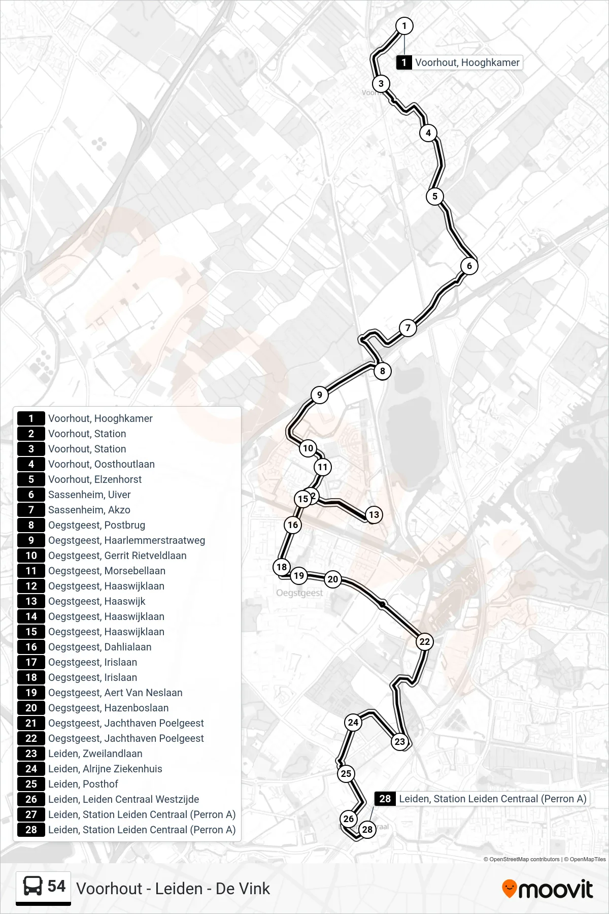54 bus Line (Leiden Cs) route and stops on a map