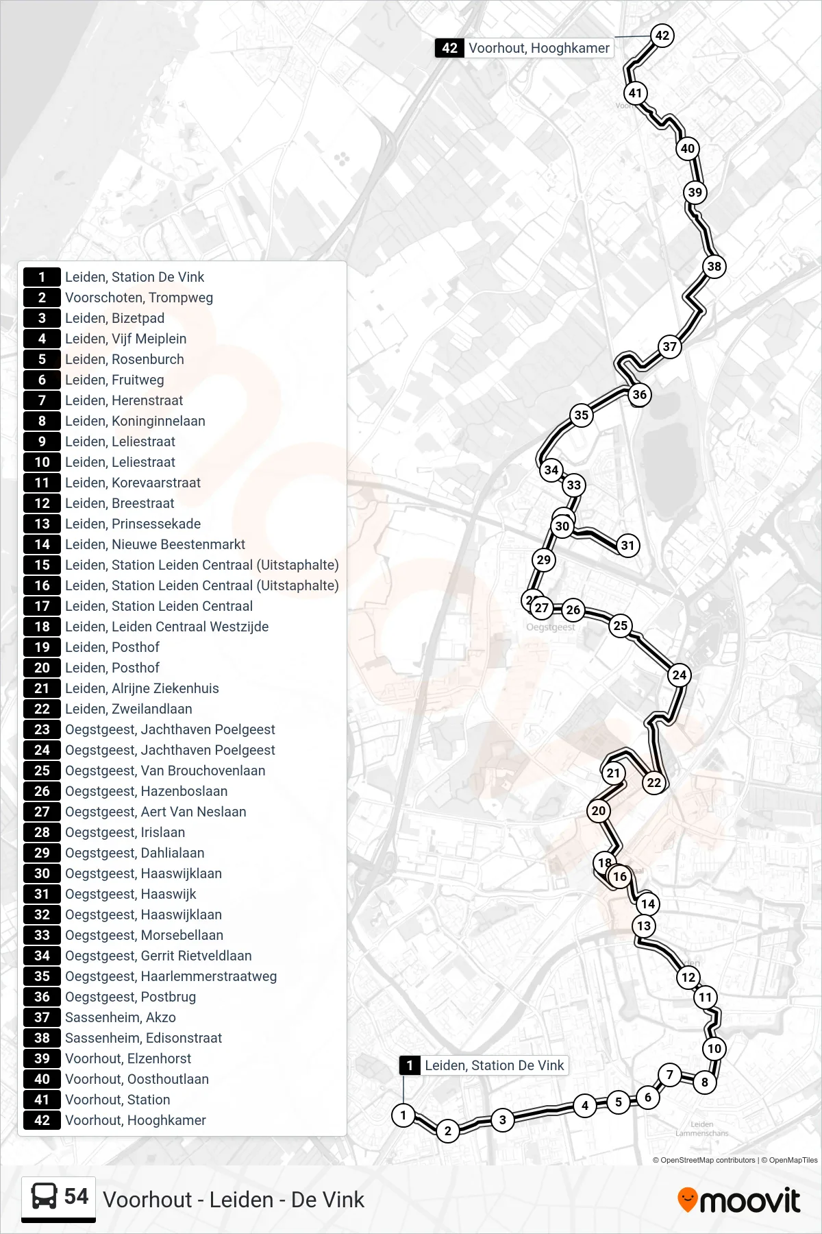 Lijn 54 (bus, Voorhout): route en haltes op de kaart