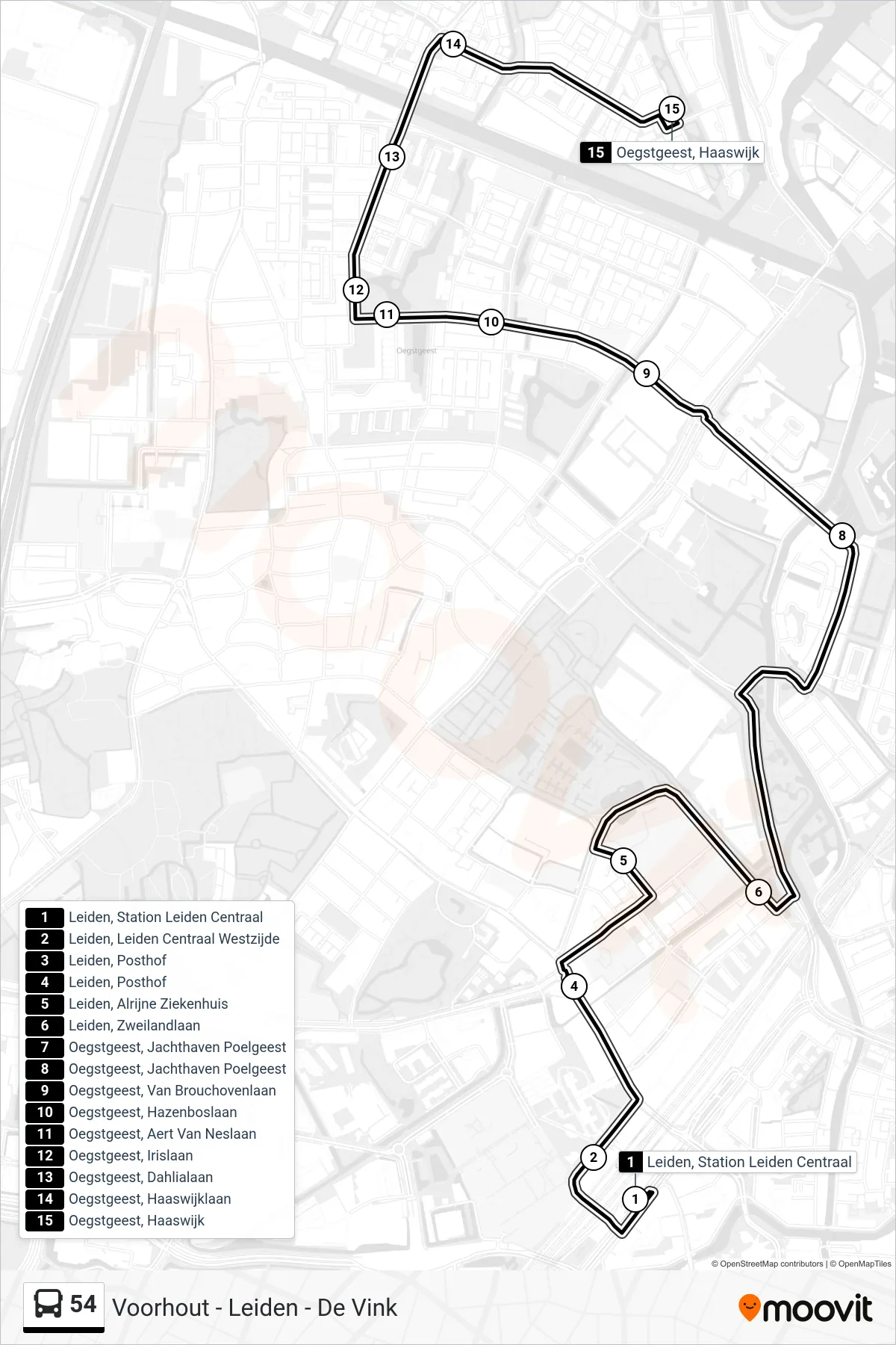 Lijn 54 (bus, Oegstgeest): route en haltes op de kaart