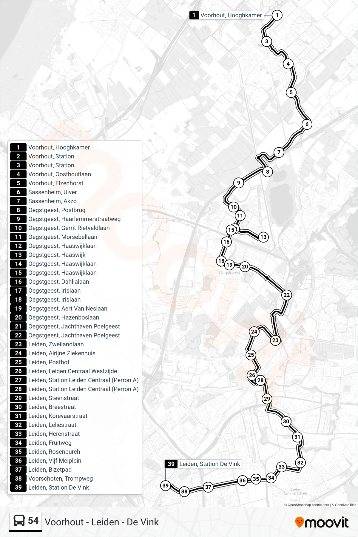 Lijn 54 (bus, De Vink): route en haltes op de kaart