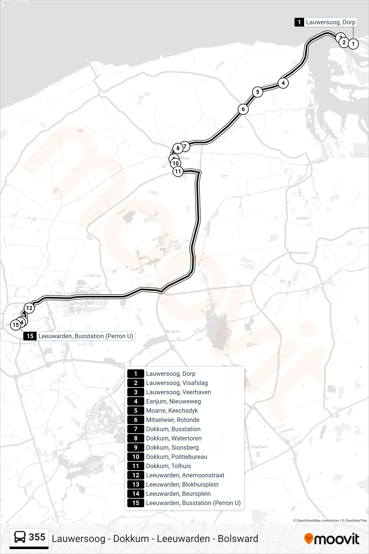 Lijn 355 (bus, Leeuwarden): route en haltes op de kaart