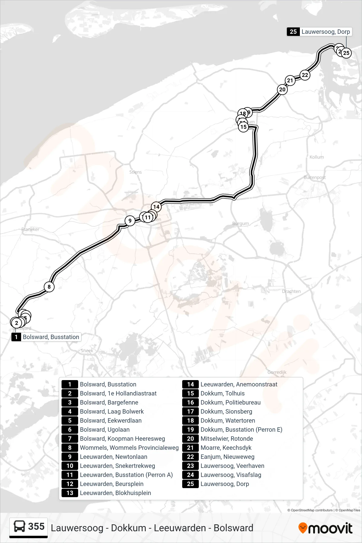 Lijn 355 (bus, Lauwersoog): route en haltes op de kaart