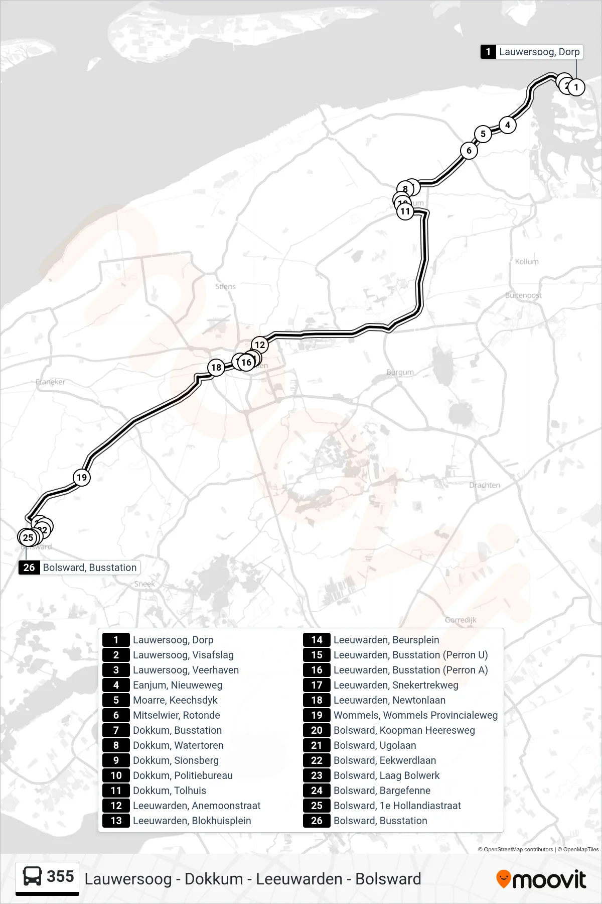 Lijn 355 (bus, Bolsward): route en haltes op de kaart