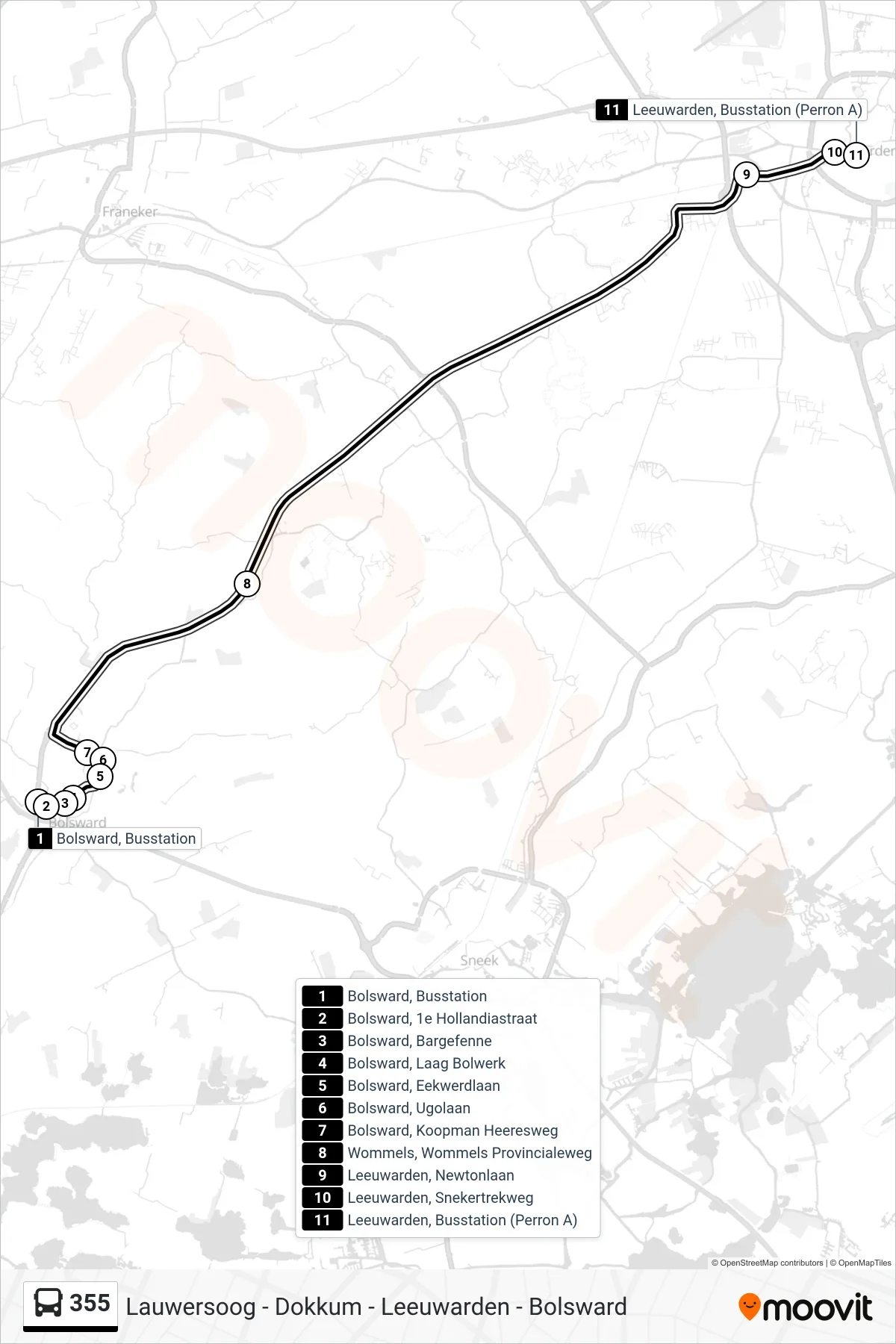 Lijn 355 (bus, Leeuwarden): route en haltes op de kaart