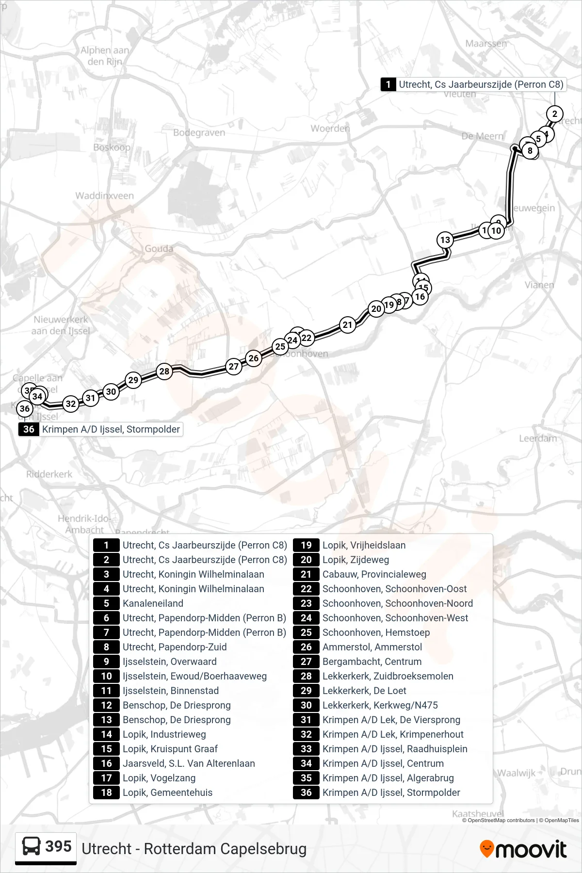 Lijn 395 (bus, Krimpen A/D Ijssel): route en haltes op de kaart