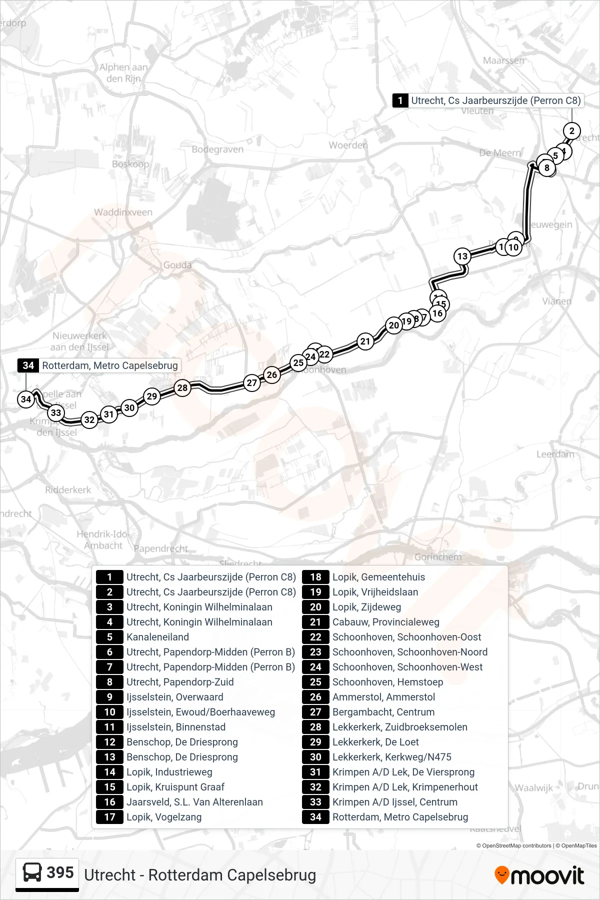 395 bus Line (Rotterdam) route and stops on a map