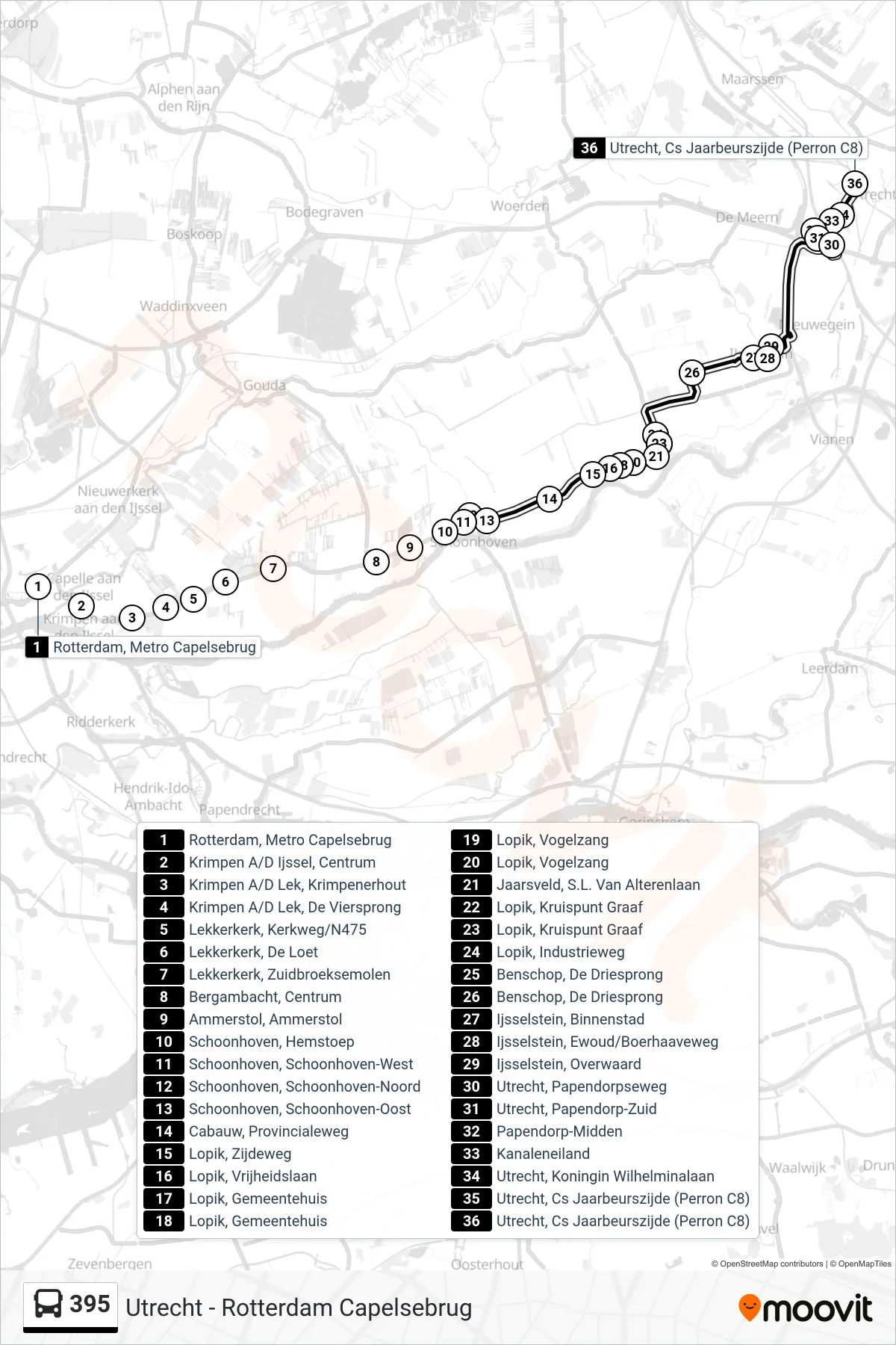 Lijn 395 (bus, Utrecht Cs): route en haltes op de kaart